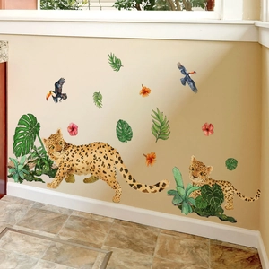 Detail of tropical jungle wall stickers featuring watercolor leopards and monstera leaves