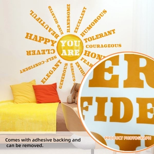 Detail of self-adhesive sun wall sticker with positive English text for kids room decor