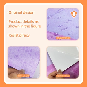 Detailed view of waterproof purple marble wall sticker showing front and reverse side texture
