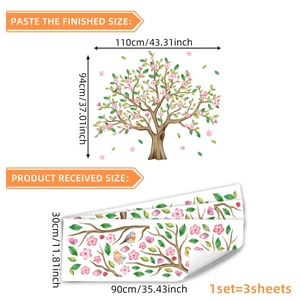 Sticker mural cerisier rose avec oiseaux pour décoration maison, taille 110cm x 94cm