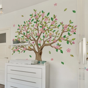 Stickers Muraux Arbre De Cerisier Fleur Rose Feuilles Vertes Oiseaux PVC Autocollant Décoration Pour Salon Chambre