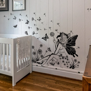 Minimalist black dandelion fairy and butterfly wall stickers for nursery home decor