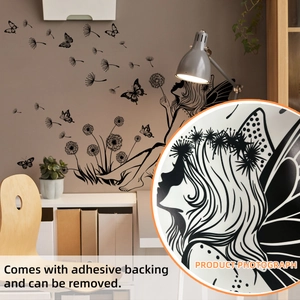 Detail of self-adhesive wall sticker featuring fairy, butterfly and dandelion designs