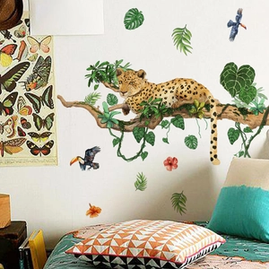 Detail of leopard on a branch with tropical leaves and toucan wall sticker set