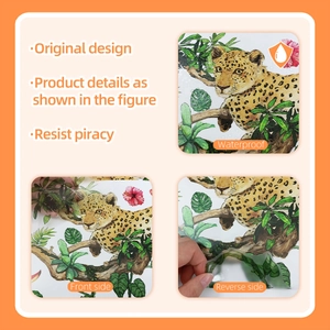 Waterproof leopard wall sticker detail showing tropical leaf design and adhesive backing