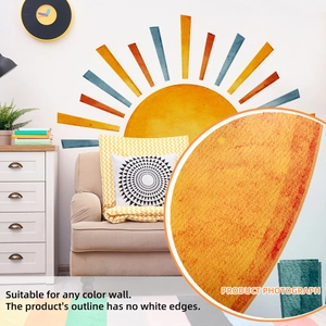 Detailed close-up of watercolor sun wall decal showing texture and no-border edges