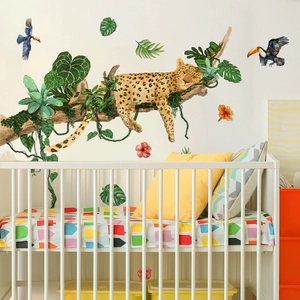 Jungle theme wall sticker with leopard and tropical leaves for nursery decoration