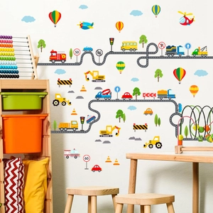 Autocollants Muraux Transport Dessin Animé PVC Autocollant Amovible Route Voiture Décoration Chambre Enfant Salle De Jeux