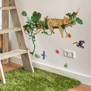 Detail of tropical rainforest wall stickers with a leopard and toucan in a home setting