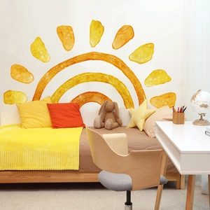 Watercolor sun and rainbow wall sticker in bright orange and yellow for kids room decor