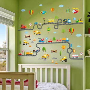 Stickers muraux transport de dessins animés avec voitures et routes pour chambre d'enfant