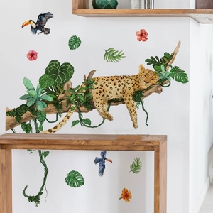 Watercolor jungle wall decals with leopard on branch, toucan, and tropical monstera leaves