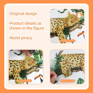 Detail showing waterproof leopard and tropical leaves wall sticker with front and reverse view