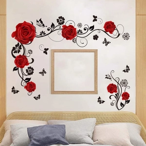 Adesivo murale a forma di L con rose rosse e rampicanti neri per l'arredo della camera