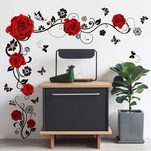 Adesivi murali autoadesivi con rose rosse e sagome di farfalle nere decorative