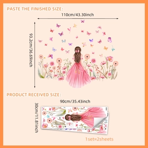 Stickers muraux fille et fleurs montrant la mise en page et la taille de 110x93cm