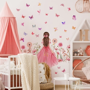 Sticker Mural Fille Papillon Fleur Dessin Animé PVC Imperméable Autocollant Amovible Pour Décoration Chambre Enfant