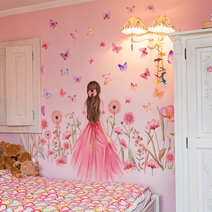 Sticker mural fille en robe rose avec fleurs et papillons pour chambre d'enfant