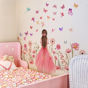 Stickers muraux fille de dessin animé avec fleurs et papillons pour chambre d'enfant