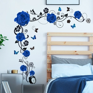 Adesivo murale con rose blu, viti nere e farfalle per decorazione camera da letto