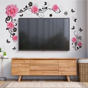 Adesivi murali decorativi con rose rosa e farfalle nere per l'arredo del soggiorno