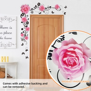 Adesivi murali fiori rosa con tralci neri e farfalle per decorazione del soggiorno