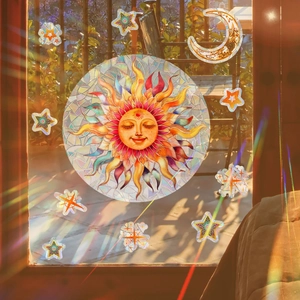 Rainbow sun and moon prism window stickers creating colorful suncatcher reflections