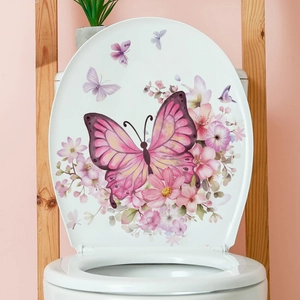 Blumen- und Schmetterlingsaufkleber für Toilettendeckel mit rosa Blüten und Dekoration