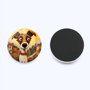Aimant de frigo artistique en verre motif chien avec village coloré et dos magnétique rond