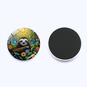 Round sloth fridge magnets set with crystal glass surface and floral forest illustration