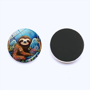 Round crystal glass fridge magnet with colorful sloth illustration and full magnetic backing