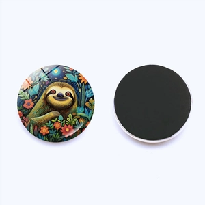 Detailed view of round sloth fridge magnet with crystal glass surface and magnetic back