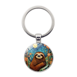 Cartoon Sloth Glass Time Gem Keychain Zinc Alloy Round Pendant Car Key Ring Artistic Illustration Bag Hanging Decoration Jewelry Gift