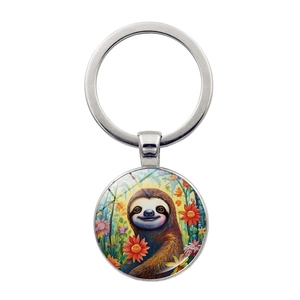 Cartoon sloth glass pendant keychain with colorful flower patterns and silver ring