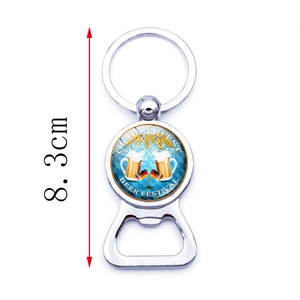 Silver Oktoberfest metal bottle opener keychain with beer mug logo, measuring 8.3cm