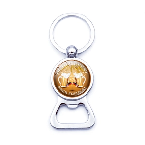 Oktoberfest beer festival metal bottle opener keychain with beer and flag logo