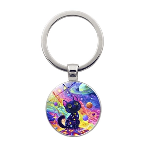 Portachiavi con Gatto Carino Cielo Stellato Cartone Animato in Lega di Zinco Vetro Cabochon Galassia Illustrazione Artistica