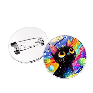 Spilla gatto nero cosmico con arte arcobaleno e chiusura a spillo in metallo argento