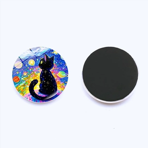 Front and back view of round crystal glass galaxy cat fridge magnets with soft magnets