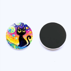 Detail view showing front cartoon galaxy cat and back magnetic pad of the fridge magnet