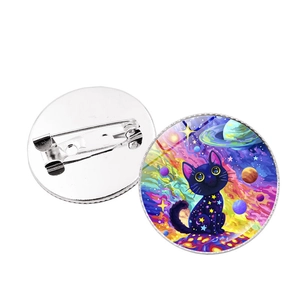 Spilla Gatto Nero Cielo Stellato Pin Rotondo Lega Vetro Cartone Animato Galassia Distintivo Per Decorazione Borse Vestiti