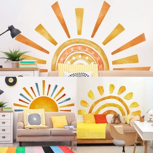 Large Watercolor Sun Rainbow Wall Stickers PVC Boho Home Decor Decals For Nursery Kids Room Bedroom Aesthetic Background