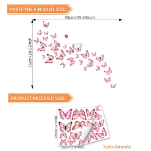Pink watercolor butterfly wall decals showing sheet size and finished layout dimensions