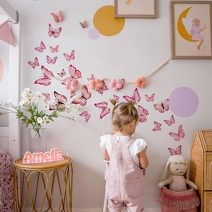 Pink Butterfly Wall Stickers PVC Removable Waterproof Decals Girls Kids Bedroom Nursery Decor Watercolor Flying Butterflies Artistic Aesthetic