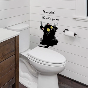 Funny black cat toilet sticker with 'Please flush the water for me' text and PVC finish