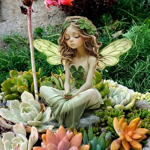 Garden fairy figurine with green clover crown and wings sitting in succulent plants