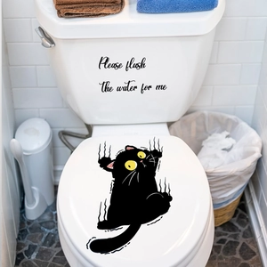Funny black cartoon cat bathroom wall sticker with Please flush the water for me quote