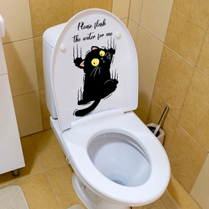 Funny black cat toilet sticker with Please flush the water for me text on lid