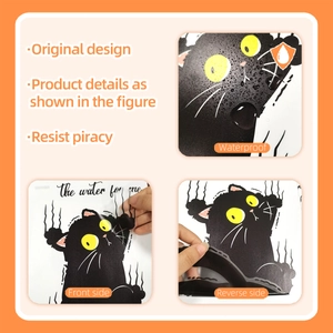 Waterproof PVC black cat sticker showing hydrophobic effect and easy peeling detail