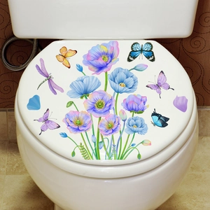 Toilettendeckel-Aufkleber mit floralem Muster, Mohnblumen, Schmetterlingen und Libelle
